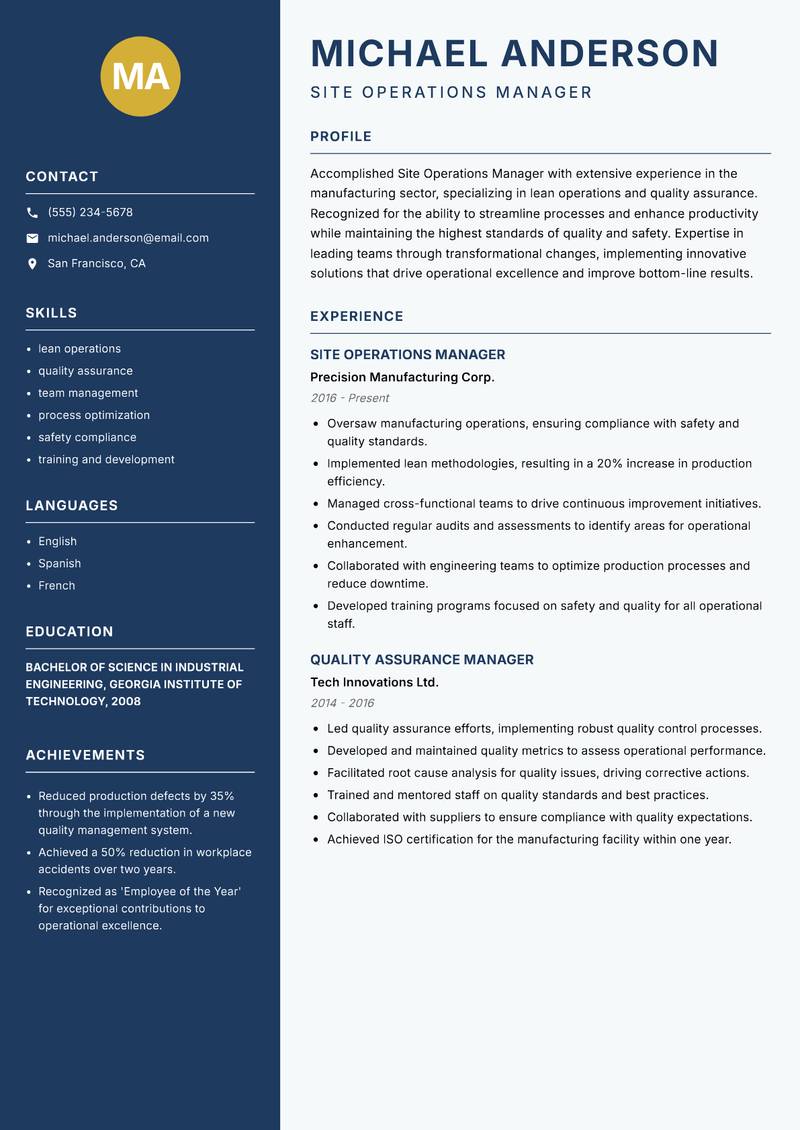 Site Operations Manager Resume Preview Example