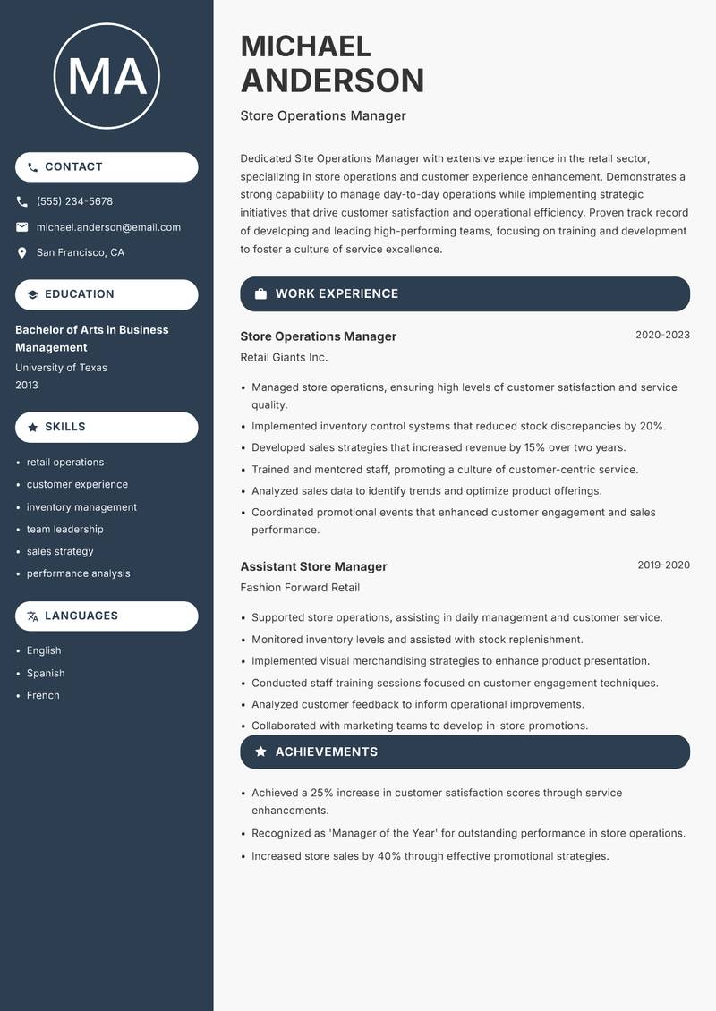 Site Operations Manager Resume Preview Example