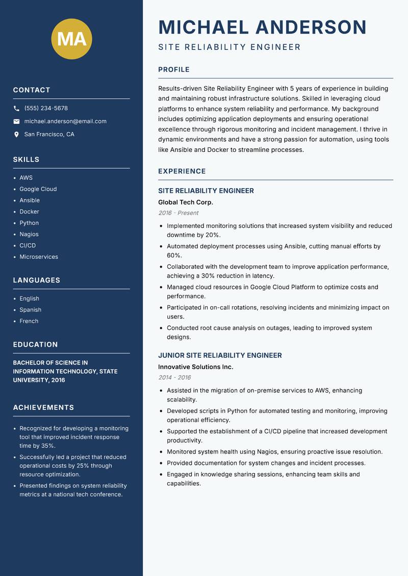 Site Reliability Engineer Resume Preview Example