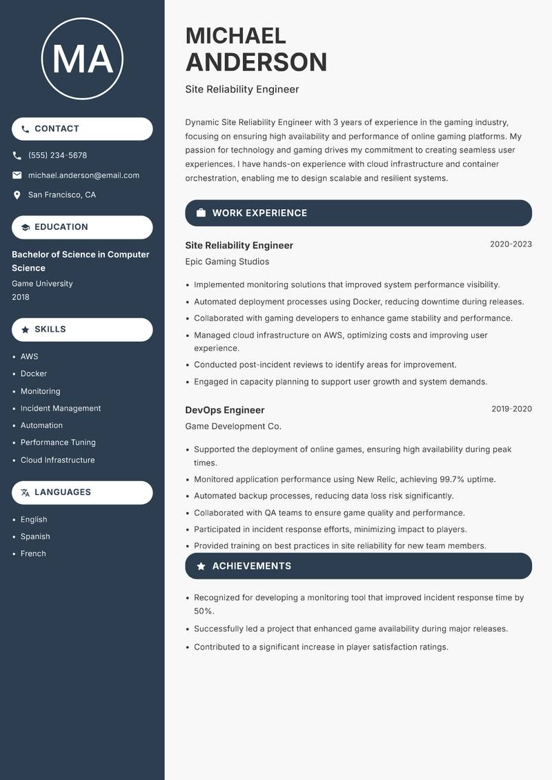 Site Reliability Engineer Resume Preview Example