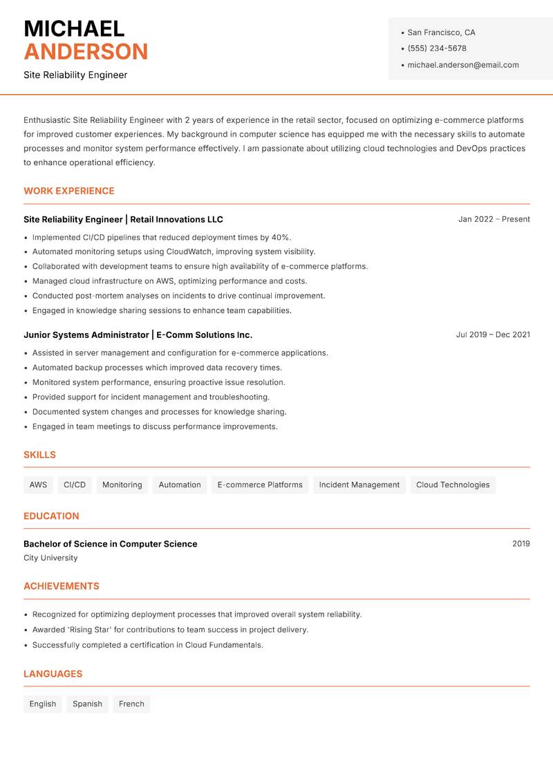 Site Reliability Engineer Resume Template