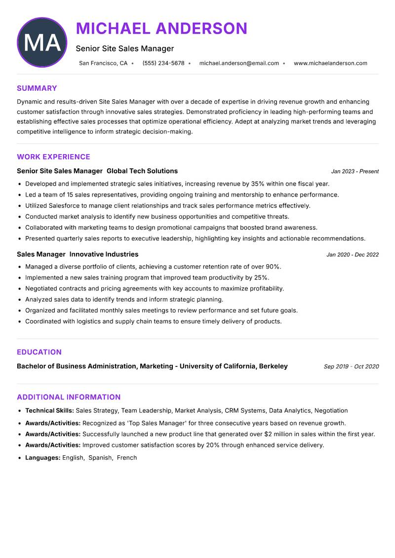 Site Sales Manager Resume Preview Example