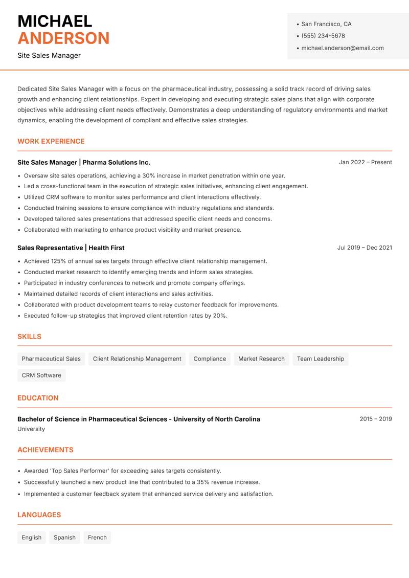 Site Sales Manager Resume Template