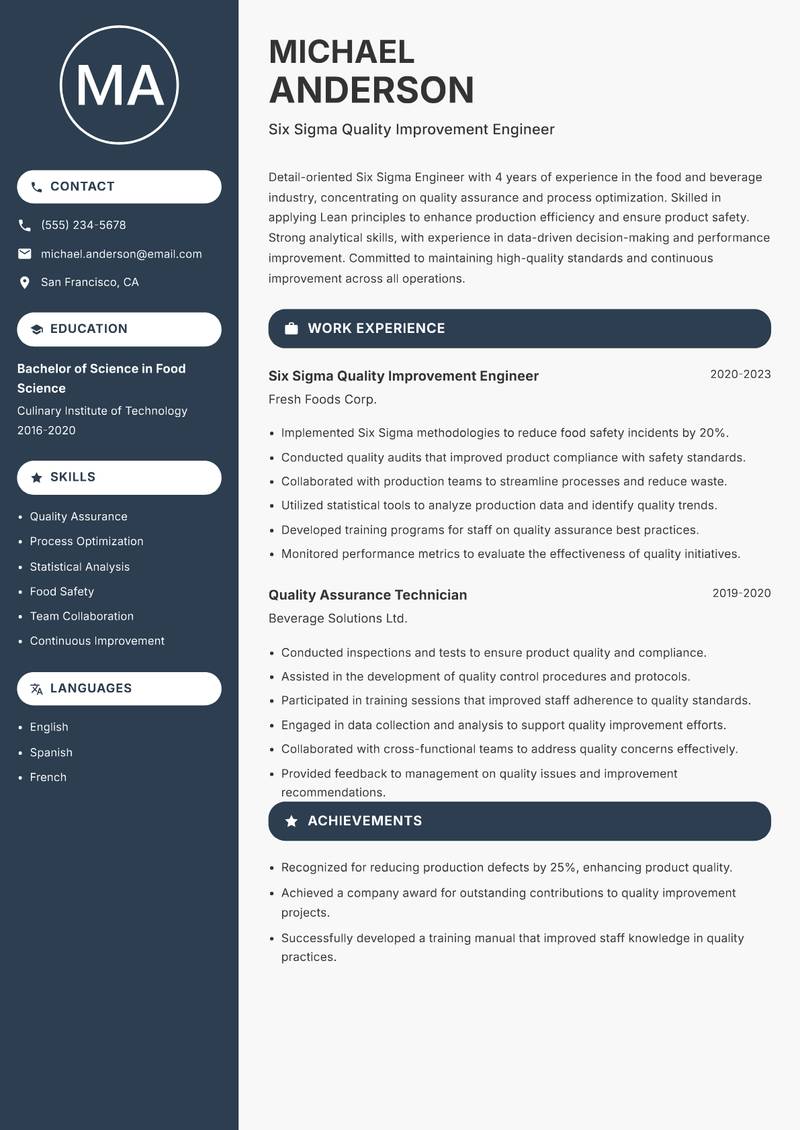 Six Sigma Engineer Resume Preview Example