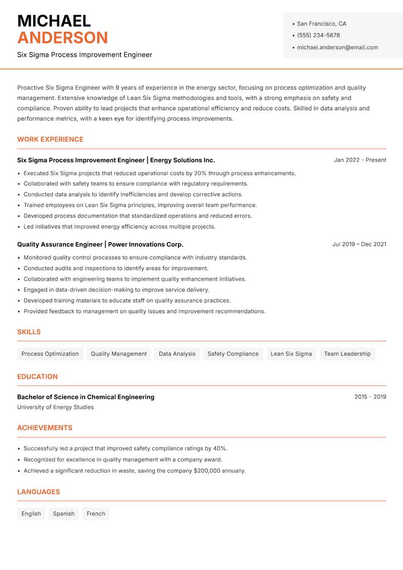 Six Sigma Engineer Resume Template