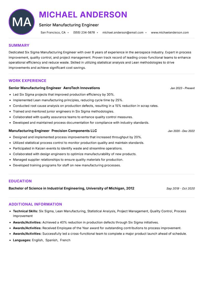 Six Sigma Manufacturing Engineer Resume Preview Example