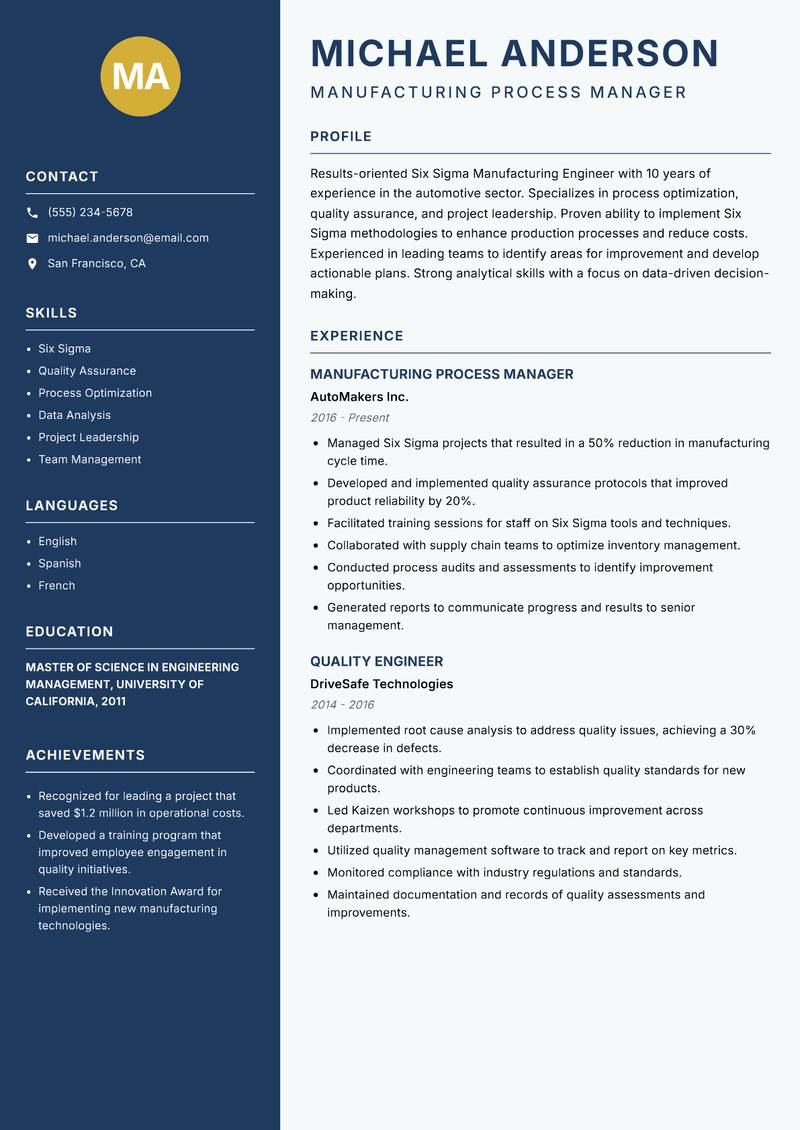 Six Sigma Manufacturing Engineer Resume Preview Example