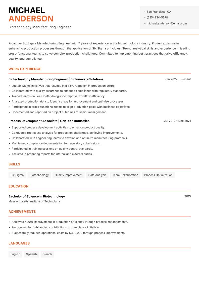Six Sigma Manufacturing Engineer Resume Template