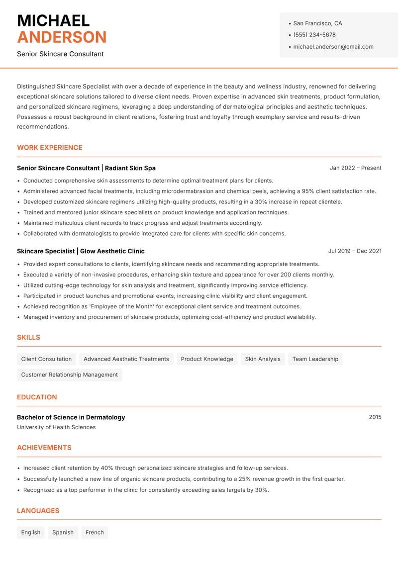 Skincare Specialist Resume Template