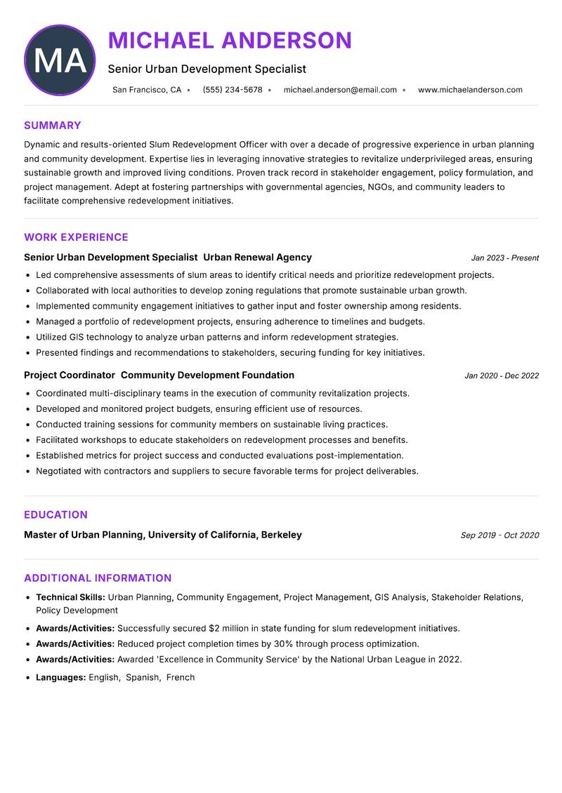 Slum Redevelopment Officer Resume Preview Example