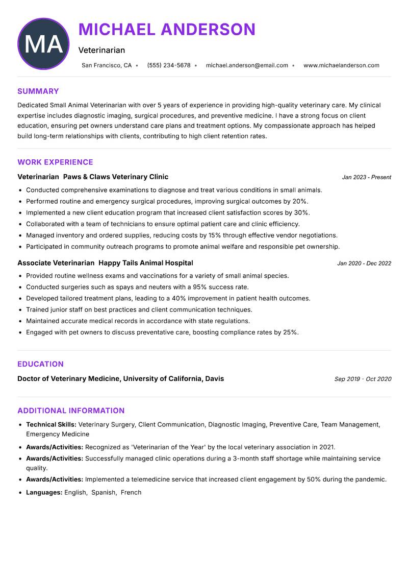 Small Animal Veterinarian Resume Preview Example