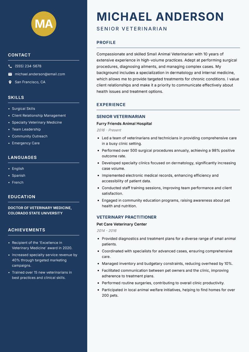 Small Animal Veterinarian Resume Preview Example