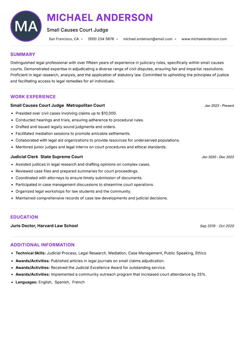 Small Causes Court Judge Resume Preview Example