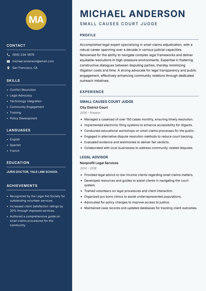 Small Causes Court Judge Resume Preview Example