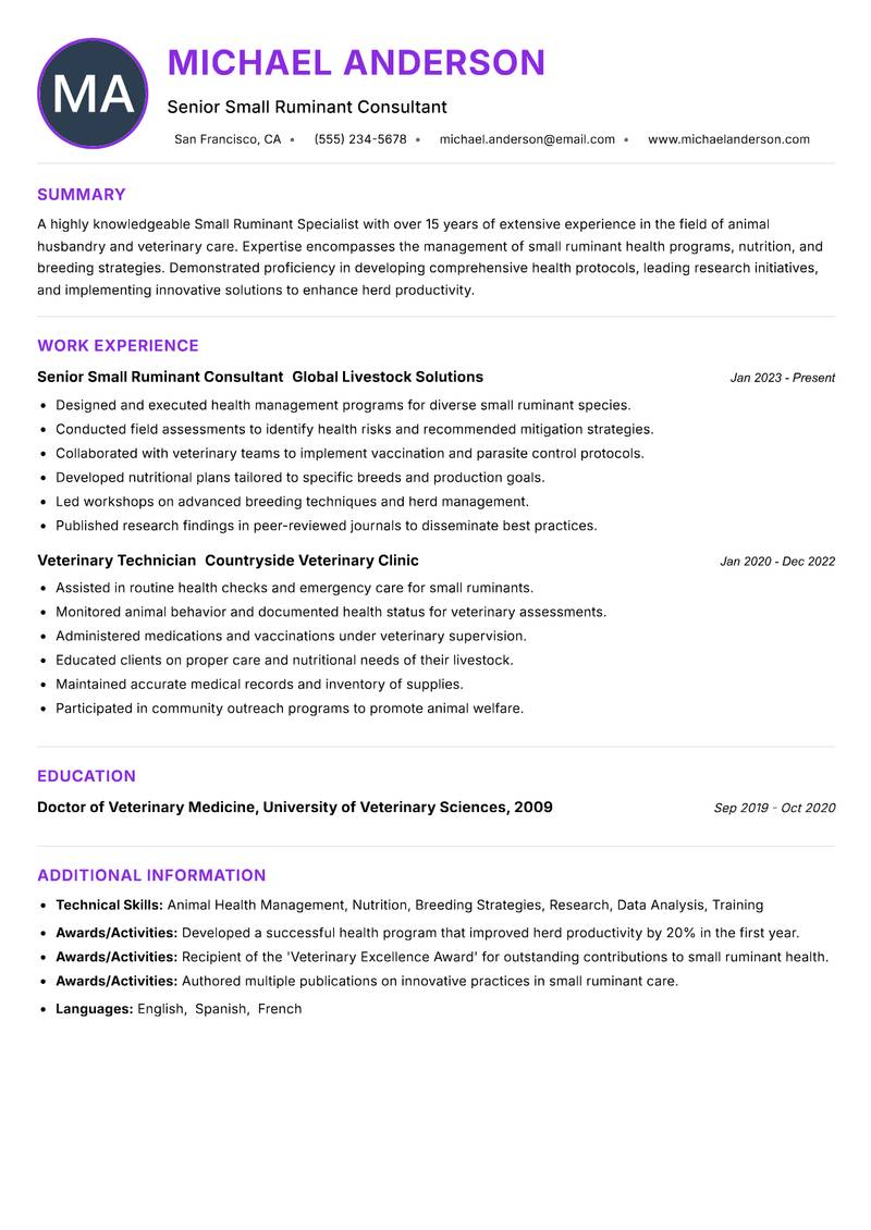 Small Ruminant Specialist Resume Preview Example