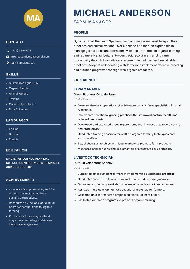 Small Ruminant Specialist Resume Preview Example