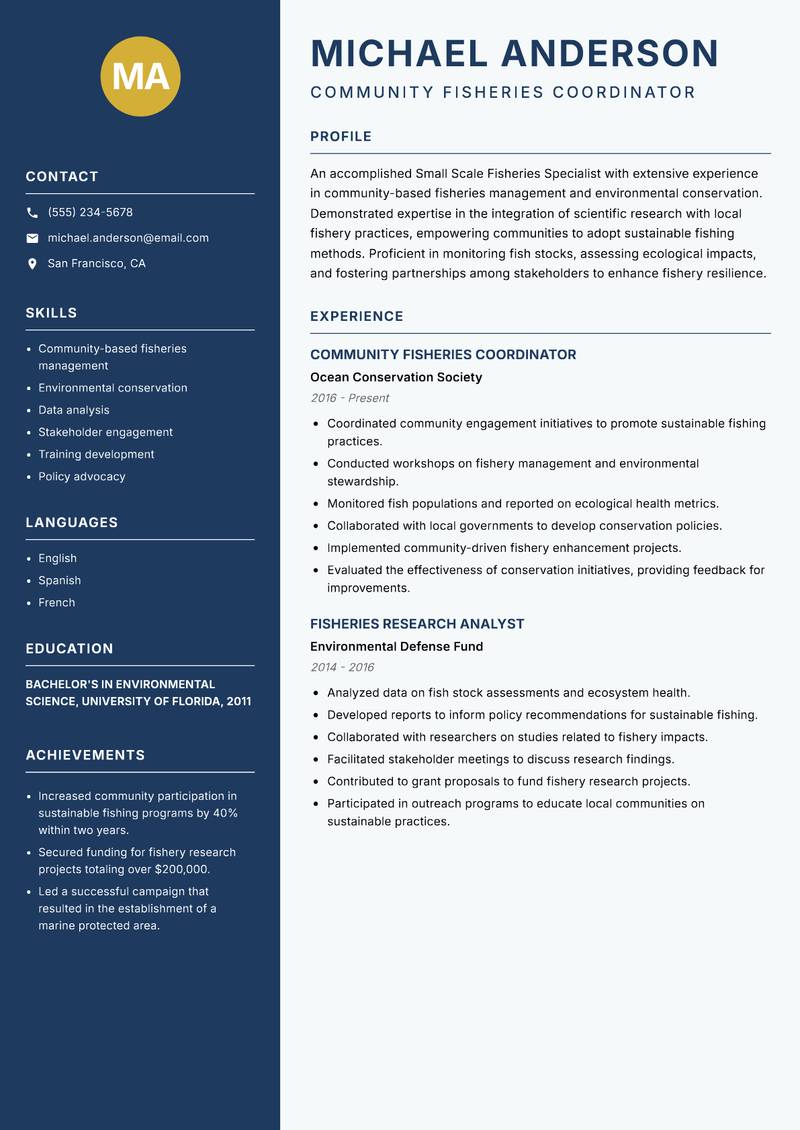 Small Scale Fisheries Specialist Resume Preview Example