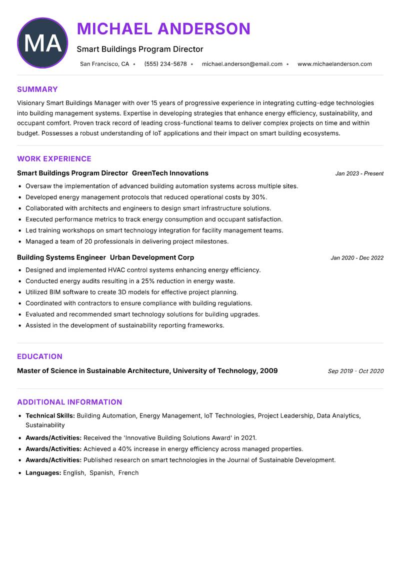 Smart Buildings Manager Resume Preview Example