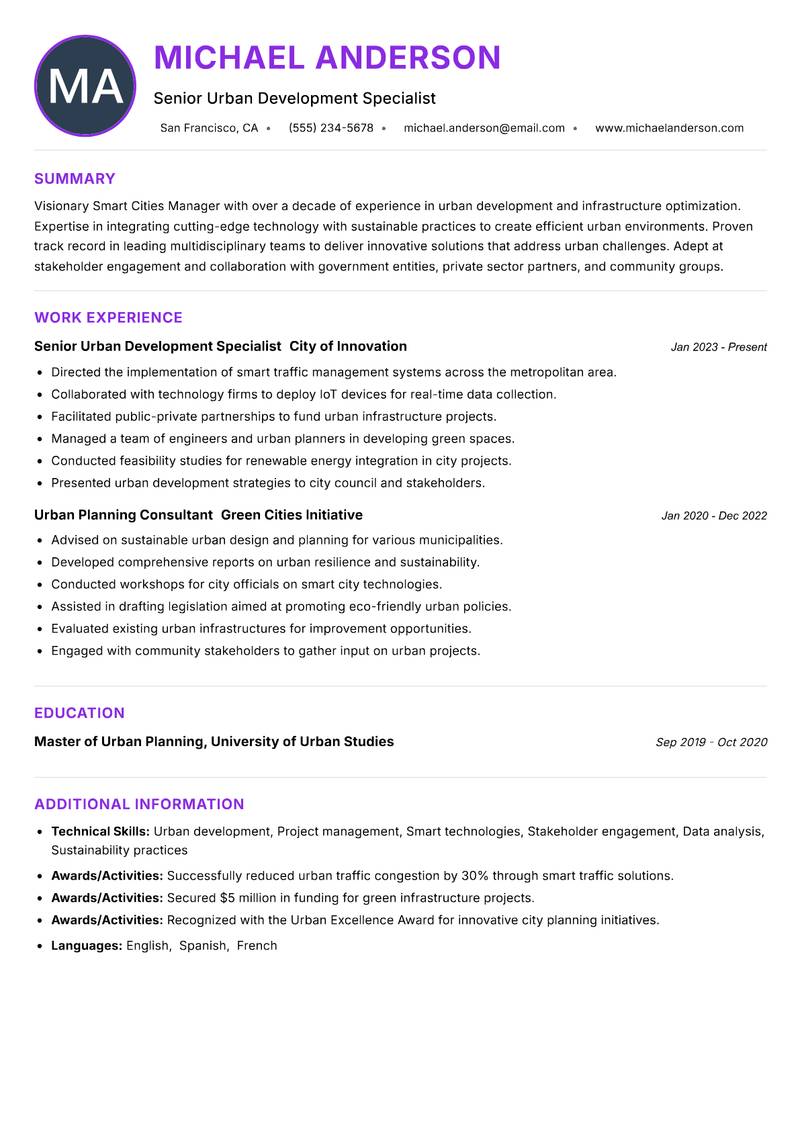 Smart Cities Manager Resume Preview Example