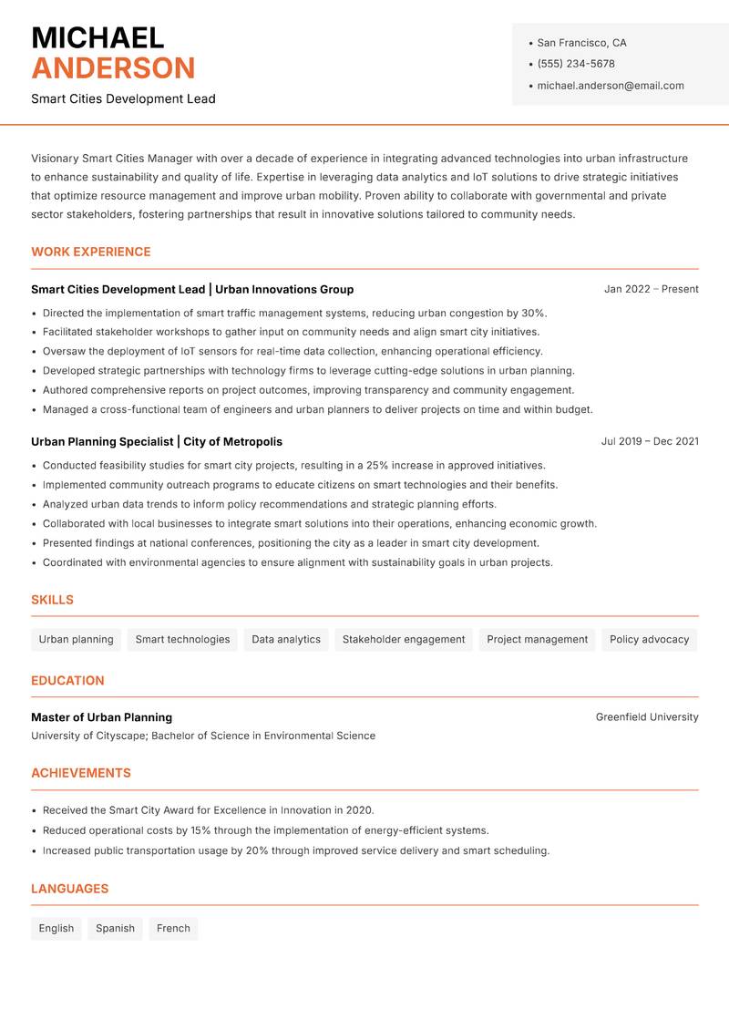 Smart Cities Manager Resume Template