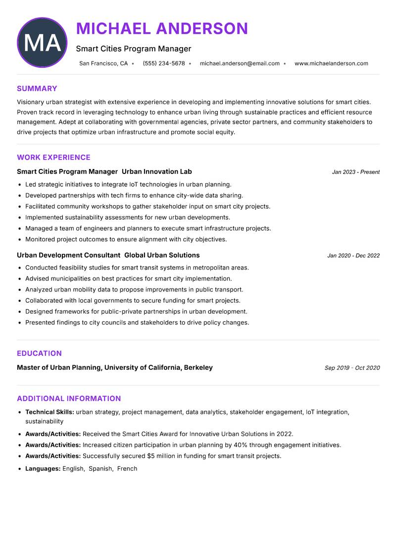 Smart Cities Officer Resume Preview Example