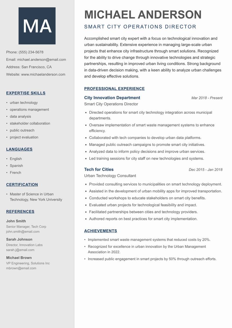 Smart Cities Officer Resume Preview Example
