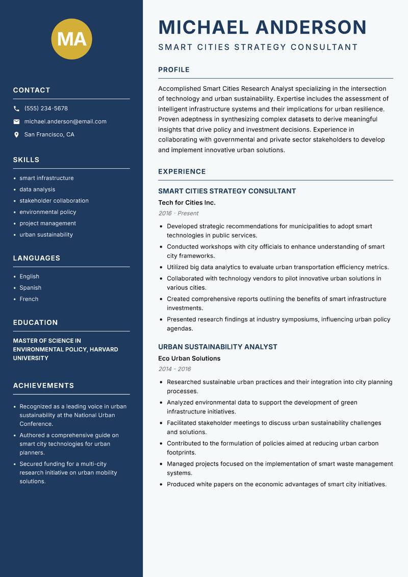 Smart Cities Research Analyst Resume Preview Example