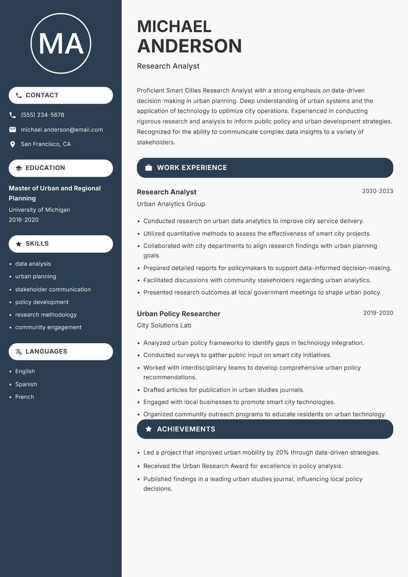 Smart Cities Research Analyst Resume Preview Example