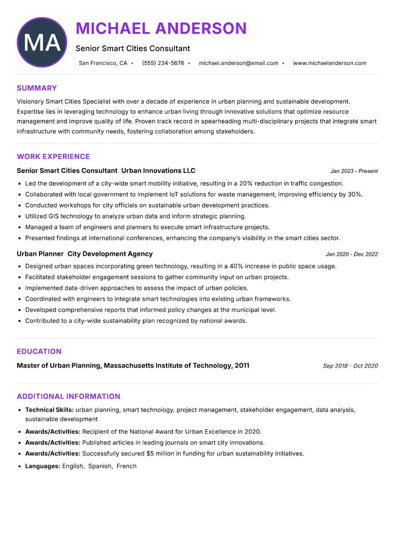 Smart Cities Specialist Resume Preview Example