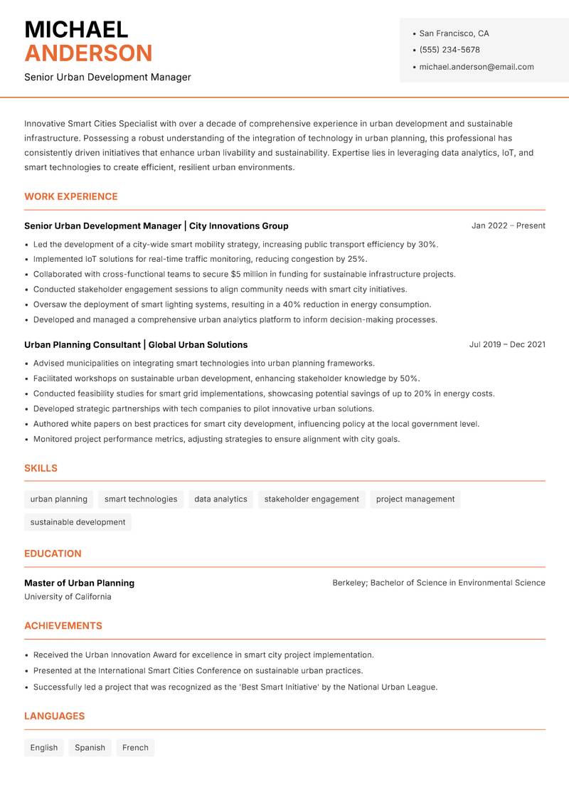 Smart Cities Specialist Resume Template