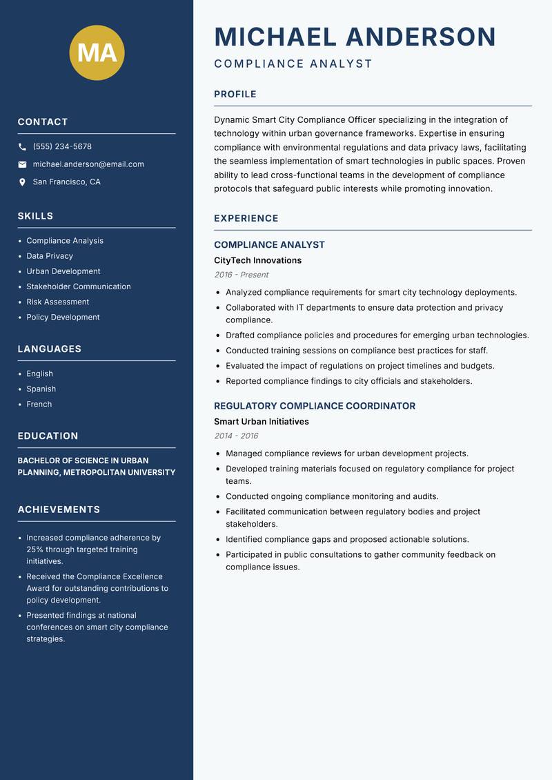 Smart City Compliance Officer Resume Preview Example
