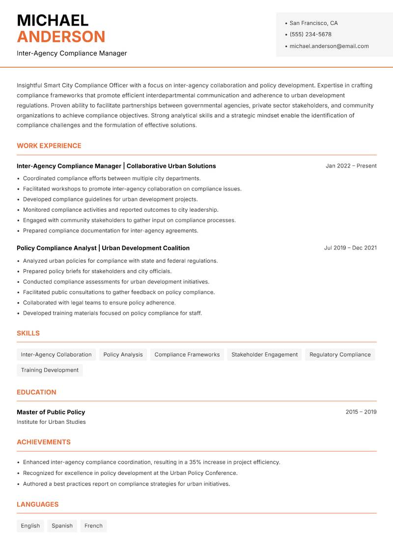 Smart City Compliance Officer Resume Template