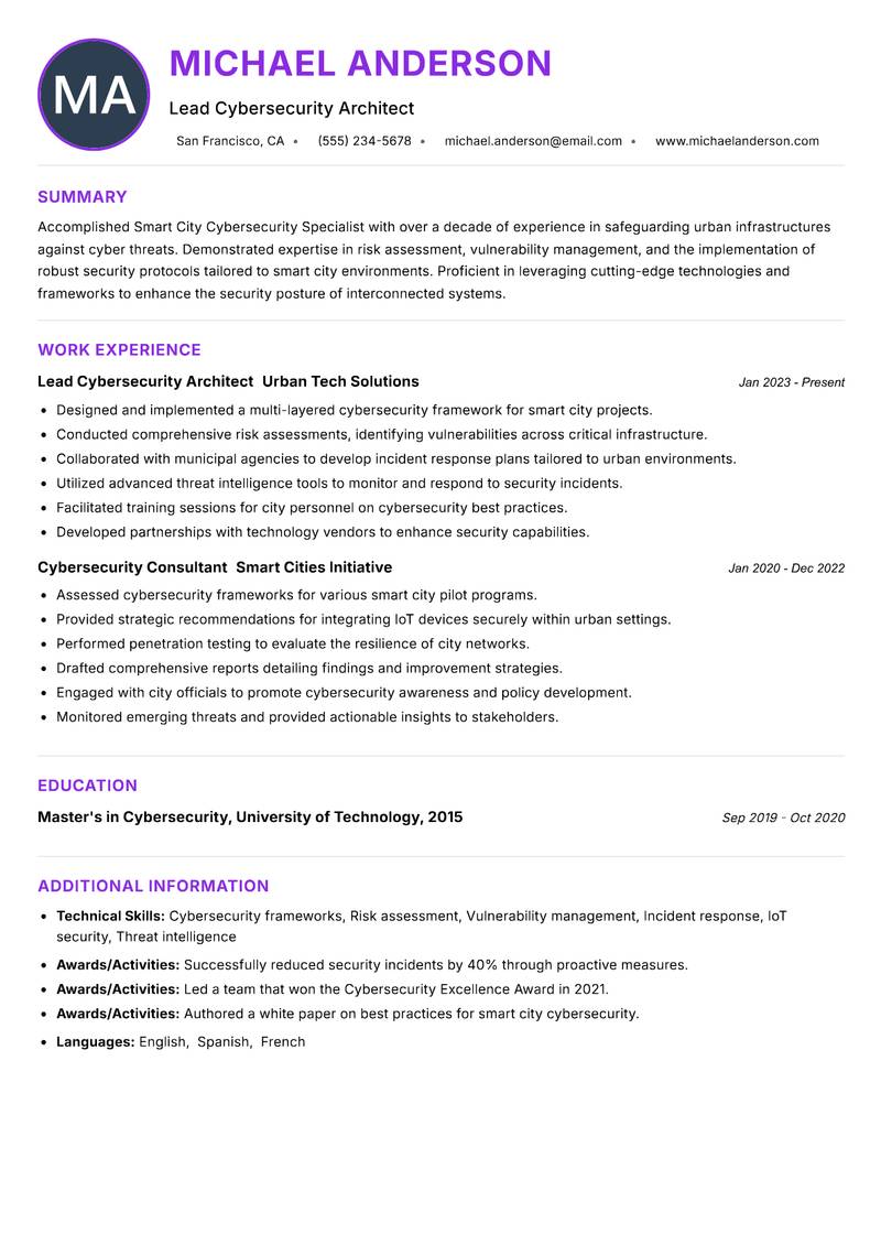 Smart City Cybersecurity Specialist Resume Preview Example