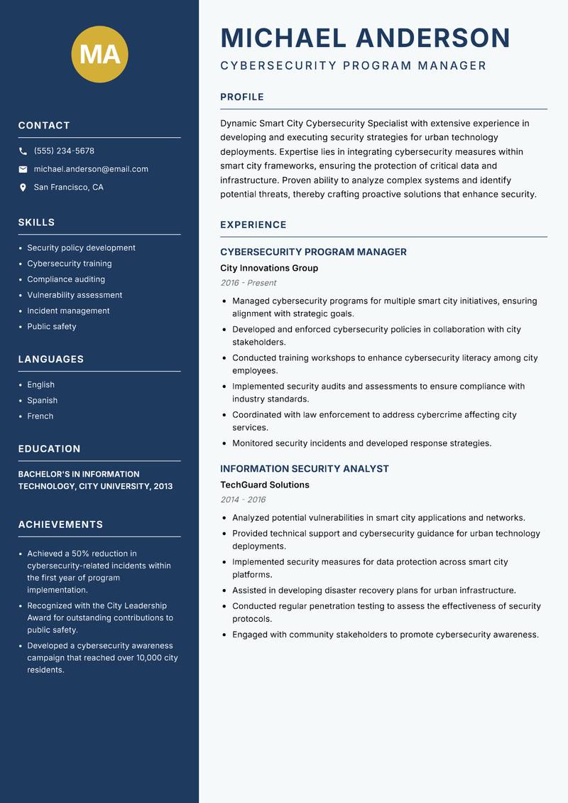 Smart City Cybersecurity Specialist Resume Preview Example