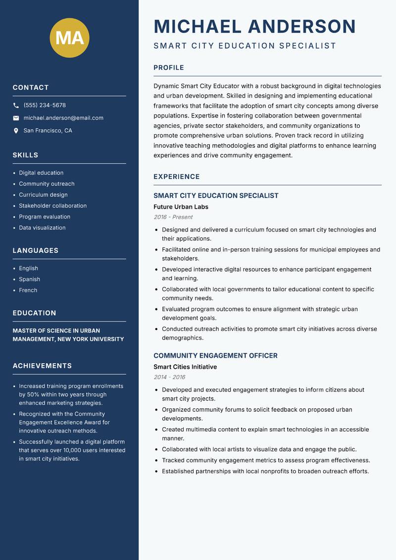 Smart City Educator Resume Preview Example