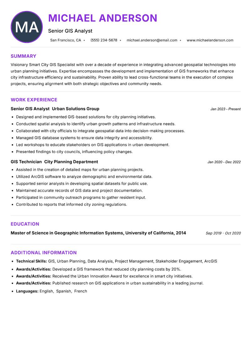 Smart City GIS Specialist Resume Preview Example