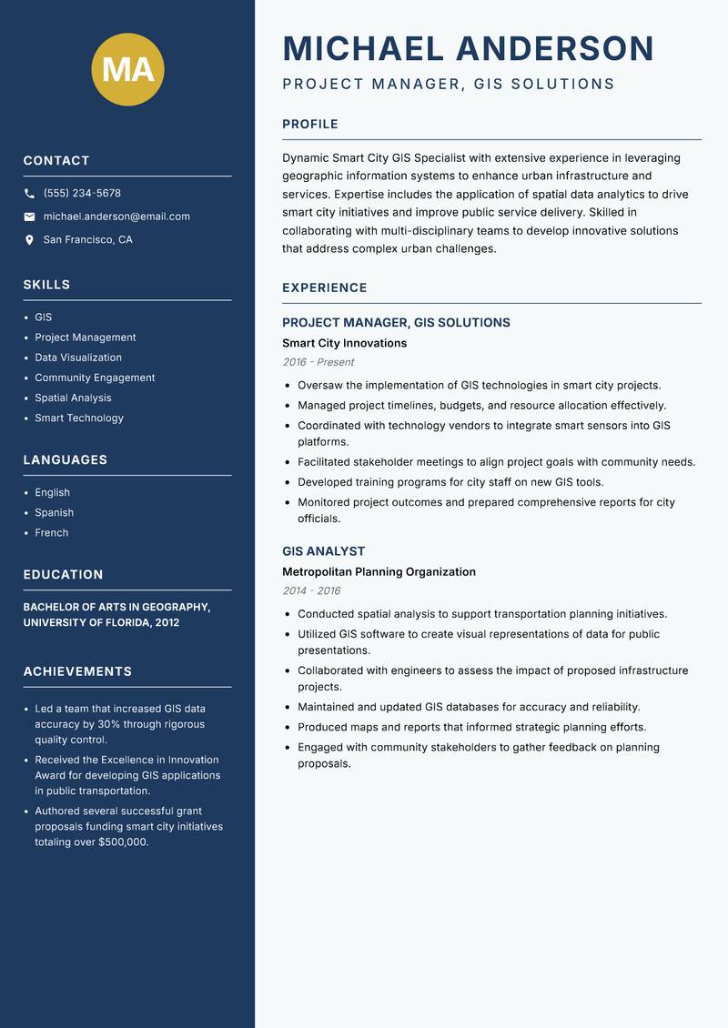 Smart City GIS Specialist Resume Preview Example