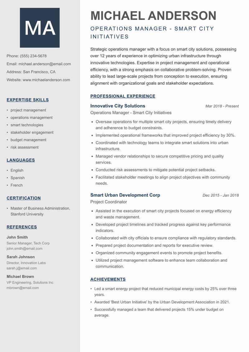 Smart City Instructor Resume Preview Example