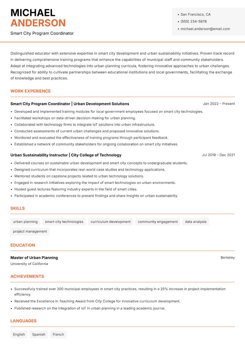 Smart City Instructor Resume Template