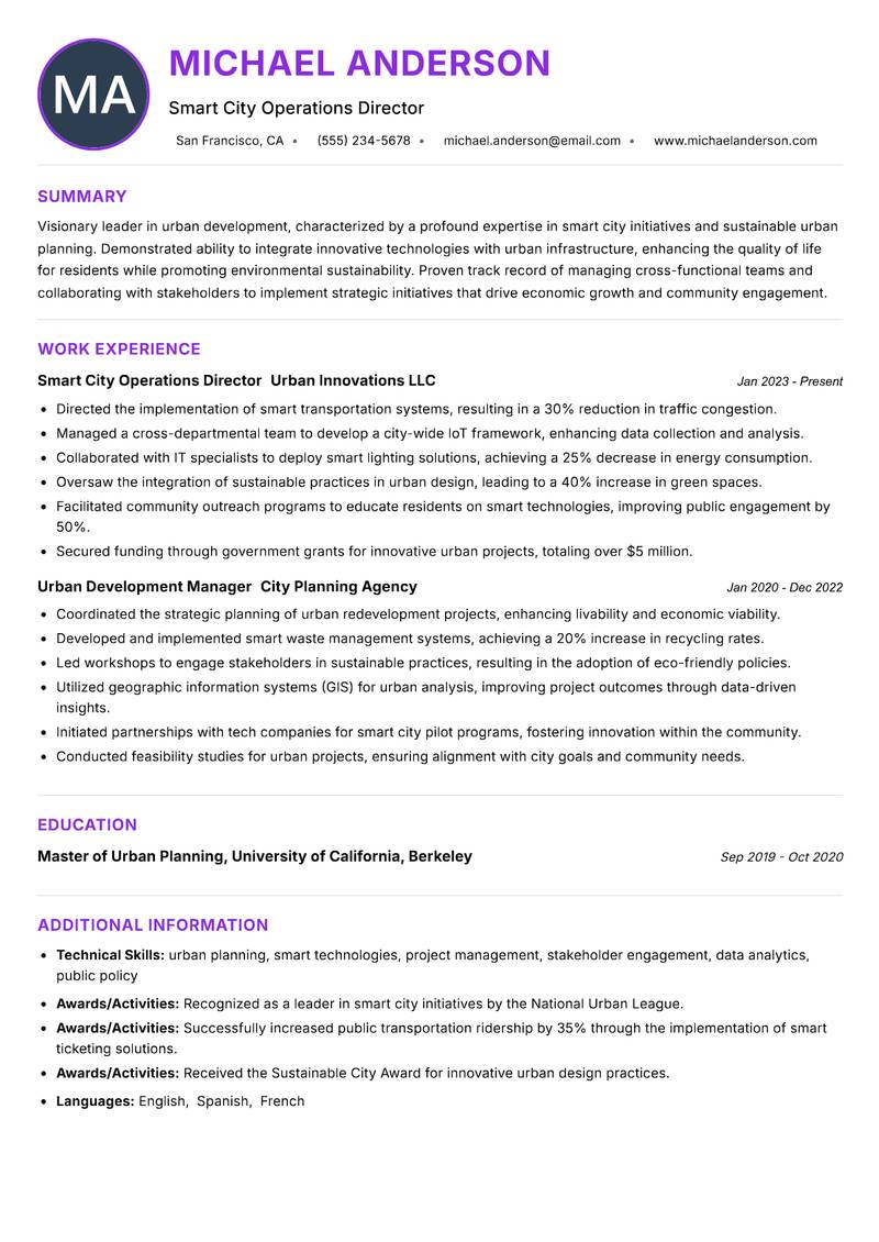 Smart City Manager Resume Preview Example