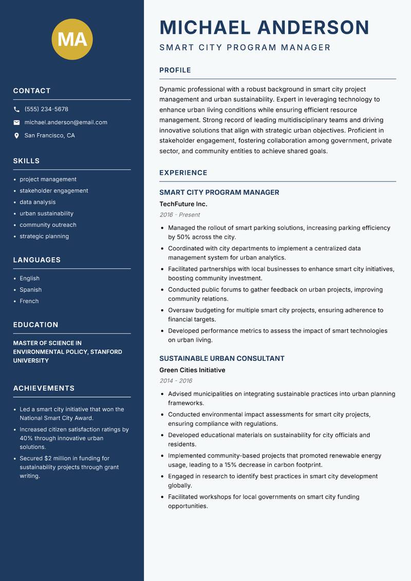 Smart City Manager Resume Preview Example