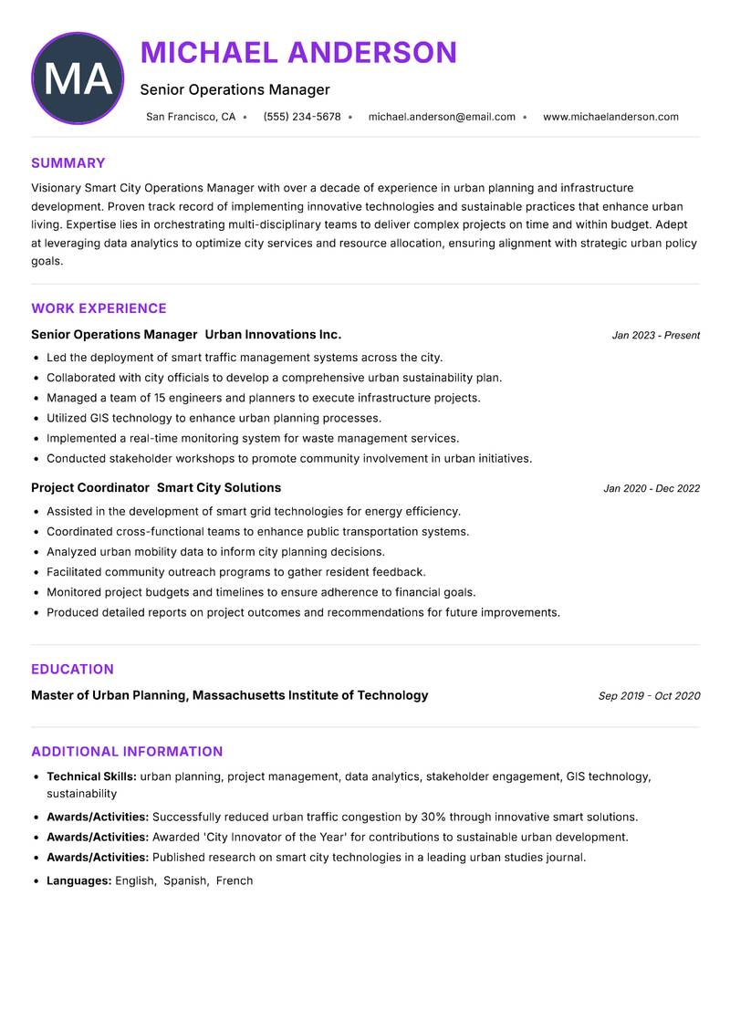 Smart City Operations Manager Resume Preview Example