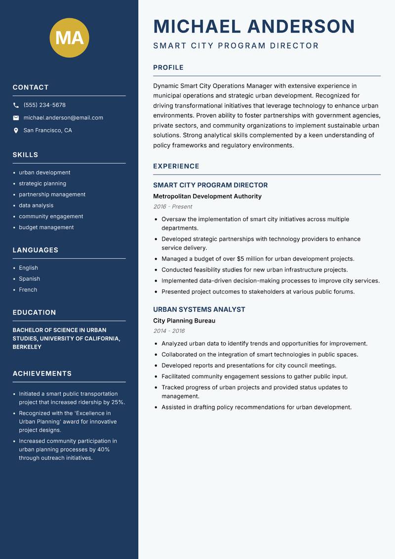 Smart City Operations Manager Resume Preview Example