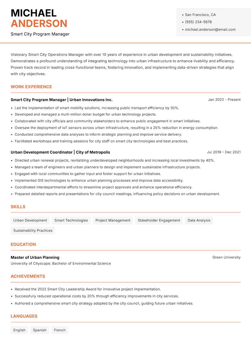 Smart City Operations Manager Resume Template