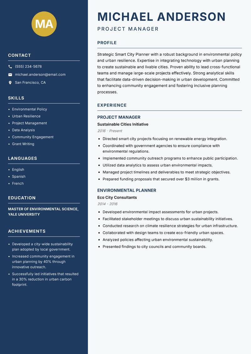 Smart City Planner Resume Preview Example