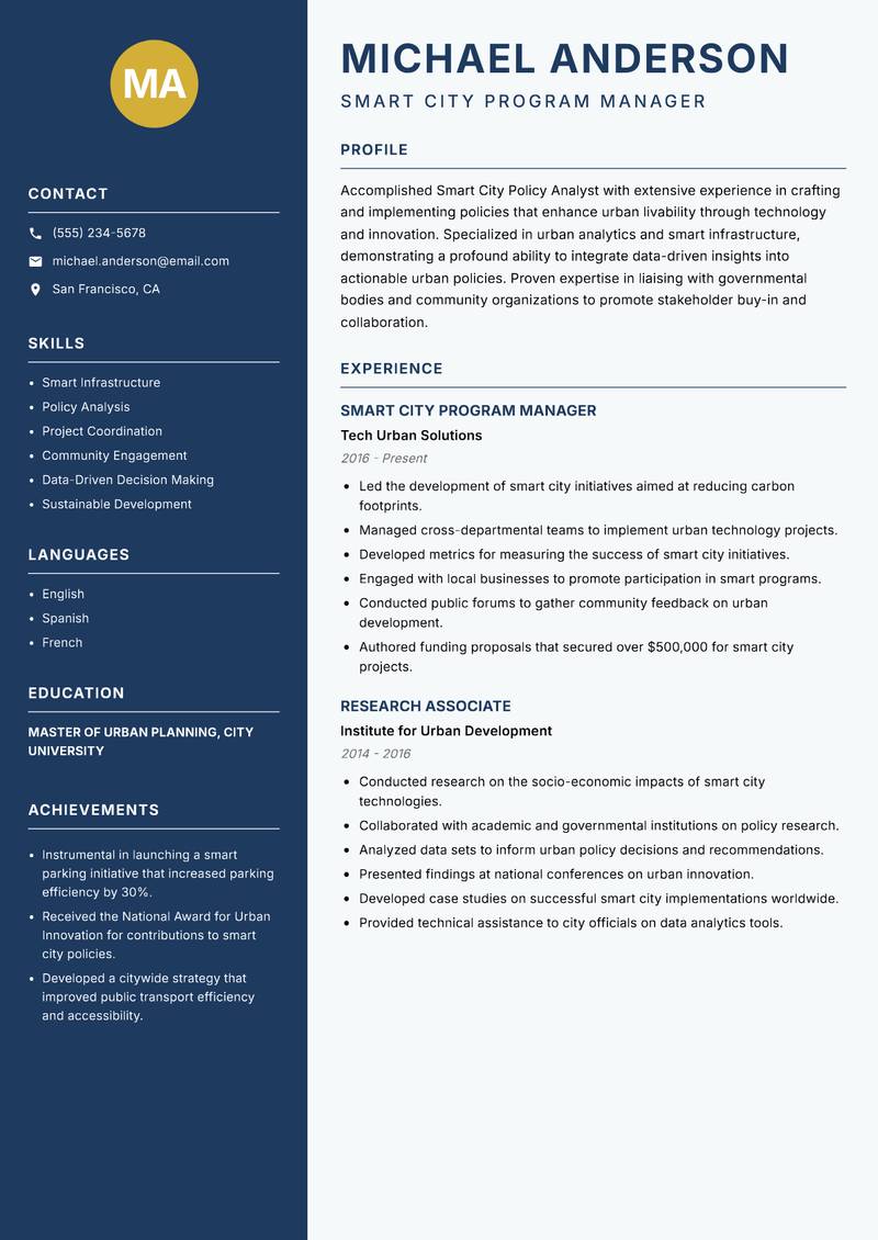 Smart City Policy Analyst Resume Preview Example