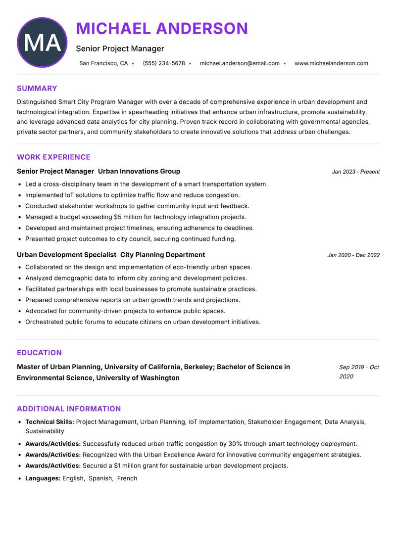 Smart City Program Manager Resume Preview Example