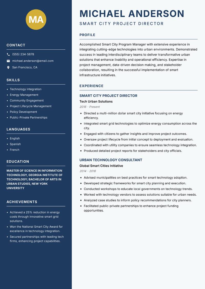 Smart City Program Manager Resume Preview Example
