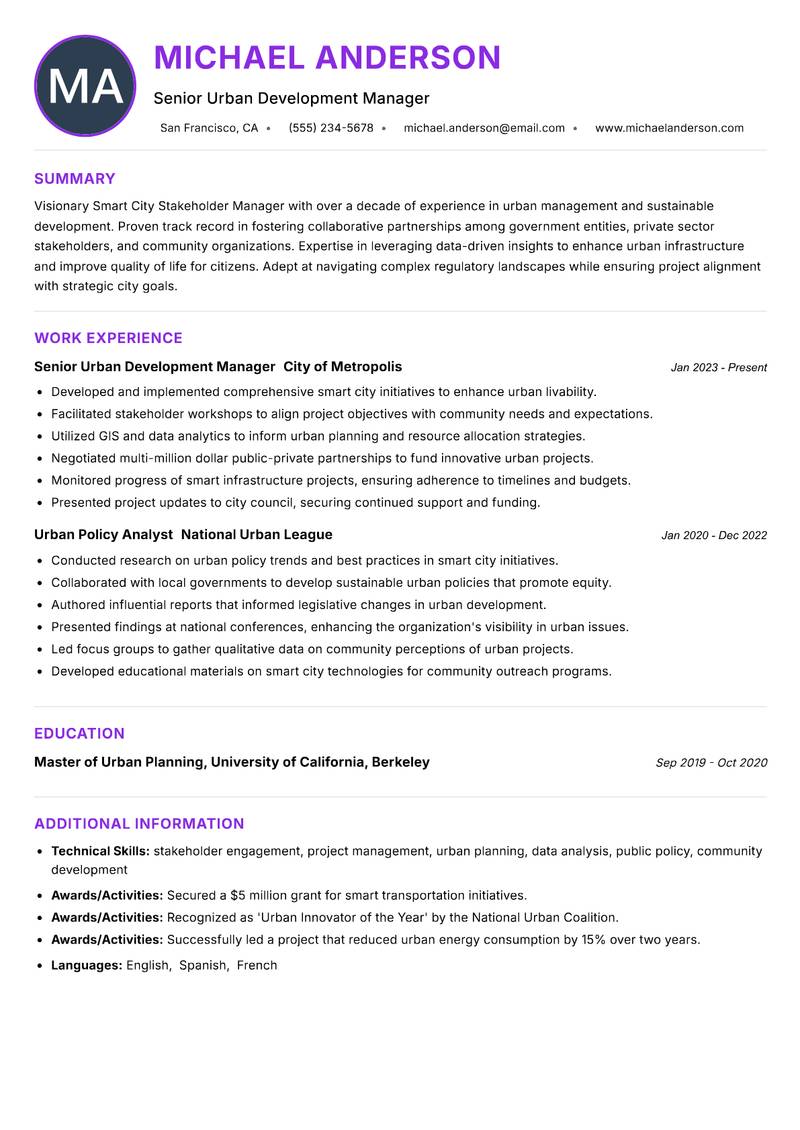 Smart City Stakeholder Manager Resume Preview Example