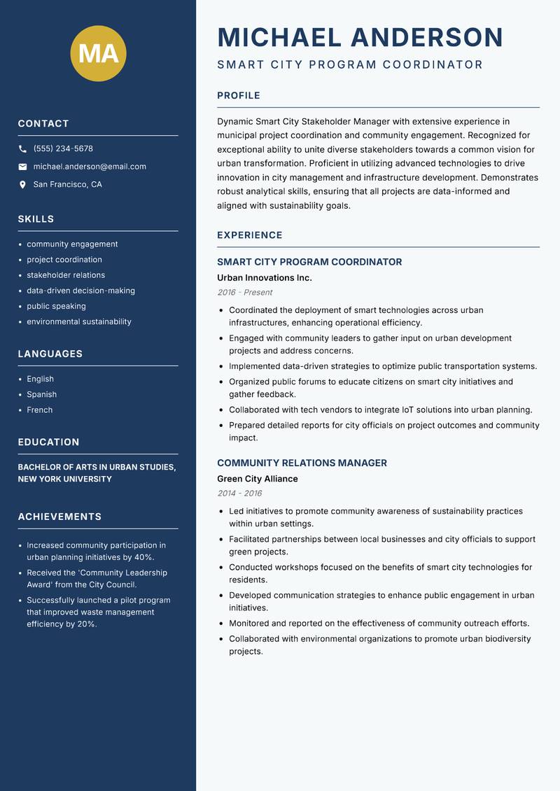 Smart City Stakeholder Manager Resume Preview Example